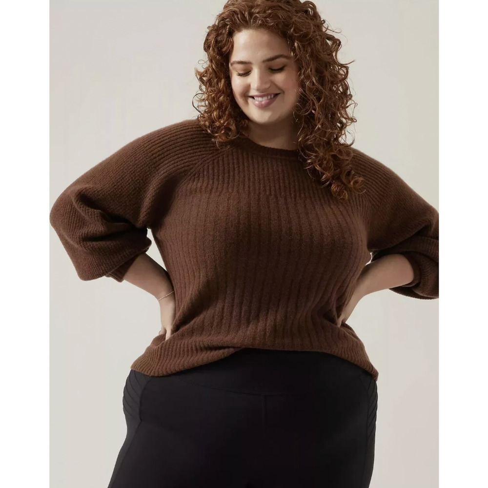 ATHLETA Layover Sweater Plus Sz 3X Mahogany NWT$149 MERINO‎ WOOL Puff Sleve Soft